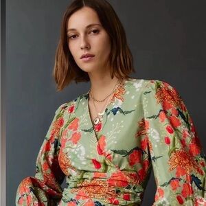 Anthropologie Sage Green Floral Wrap Blouse with Coral Blooms